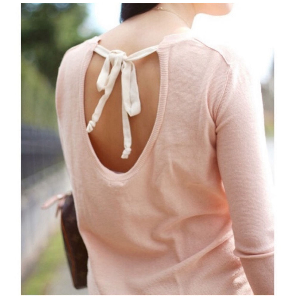 Babaton Pink White Silk Cashmere Crew Neck Sweater Small Bow Tie Open Back